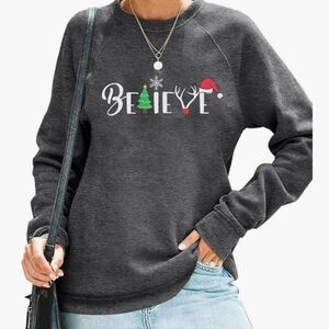 Women.'s Dark Gray "Believe" Long Sleeve Christmas T-Shirt - NWT